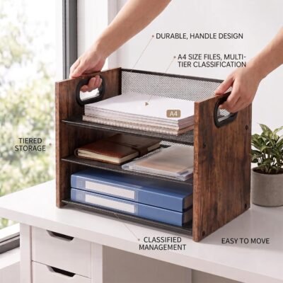 Wood and Metal Multi-Tier Desktop Storage Organizer